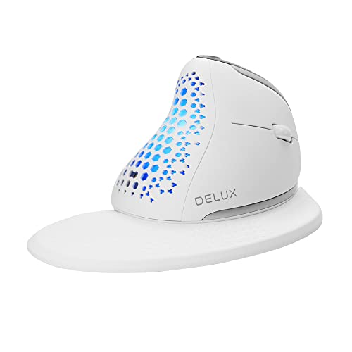 DELUX ماوس عمودي لاسلكي مريح من DeLUX Seeker مع شاشة OLED، جهاز استقبال BT و USB، يتصل بما يصل إلى 4 أجهزة، عجلة إبهام، 4000DPI، ماوس بصري قابل لإعادة الشحن قابل للبرمجة (M618XSD-أبيض) - Image 1
