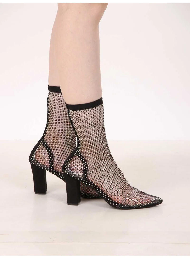 ZORIWORLD black GLITZ Black Mesh Style Boots for Women 3 Inch Block Heel for Women | Best Price UAE