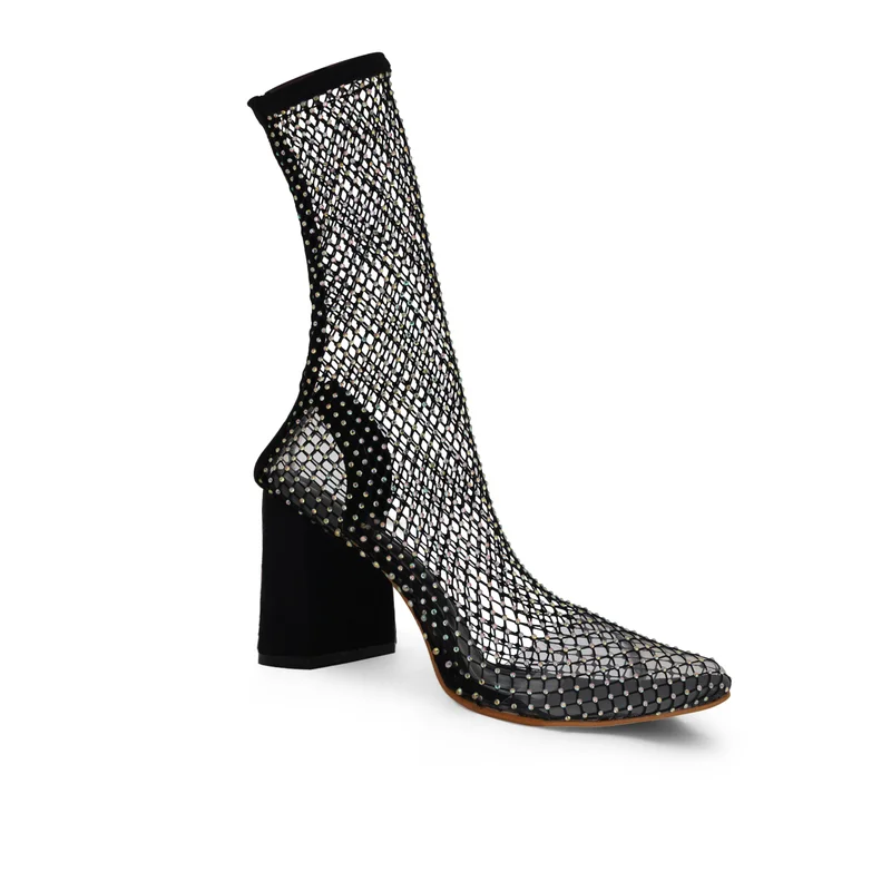 ZORIWORLD black GLITZ Black Mesh Style Boots for Women 3 Inch Block Heel for Women | Best Price UAE