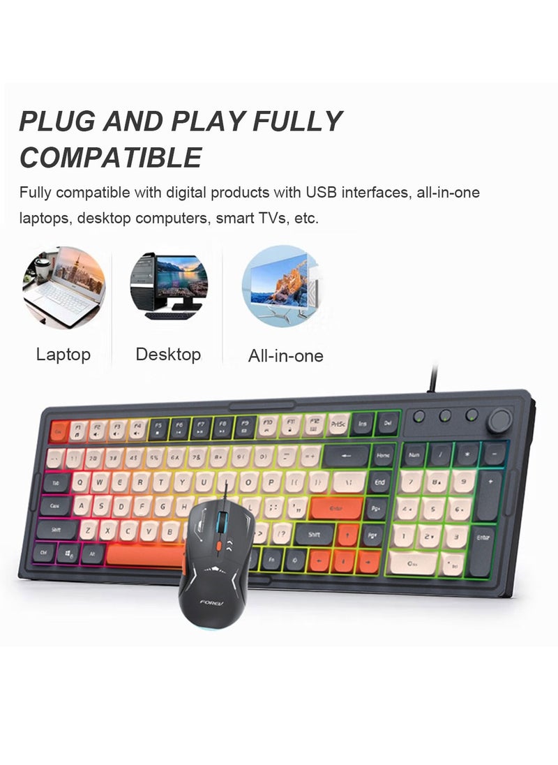 Forev - Wired Membrane Keyboard and Mouse Set with RGB Backlit, Mechanical Feel, Floating Keycaps, Silent and Waterproof Design, 4-Speed DPI Adjustable for Office Work Gaming - Black White - Image 1
