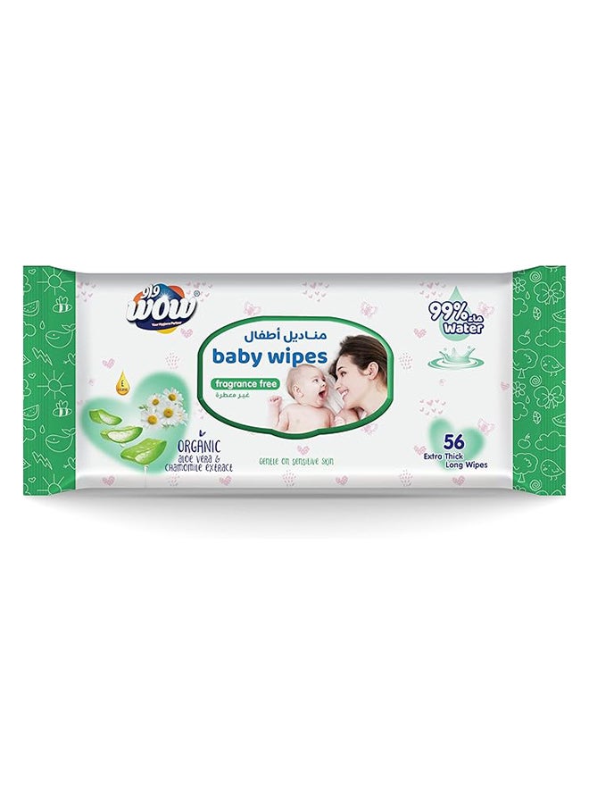 WOW Baby Wipes - Fragrance Free 99% Water Wipes | Extra Thick Long Wipes with Organic Aloe Vera, Chamomile Extract and Vitamin E, Gentle on sensitive skin| 56's Single Pack