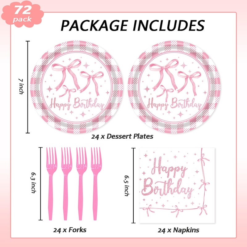Lyfree 72Pcs Pink Bow Plates And Napkins  Coquette Birthday Party Supplies Pink Bow Paper Plates And Napkins Forks Tableware Decorations For 24 Guests - Image 2