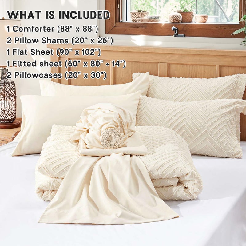 Zzlpp Queen Comforter Set 7 Pieces, Cream Tufted Bed in a Bag with Comforter and Sheets, All Season Boho Bedding Sets with 1 Comforter, 2 Pillow Shams, 2 Pillowcases, 1 Flat Sheet, 1 Fitted Sheet - Image 5