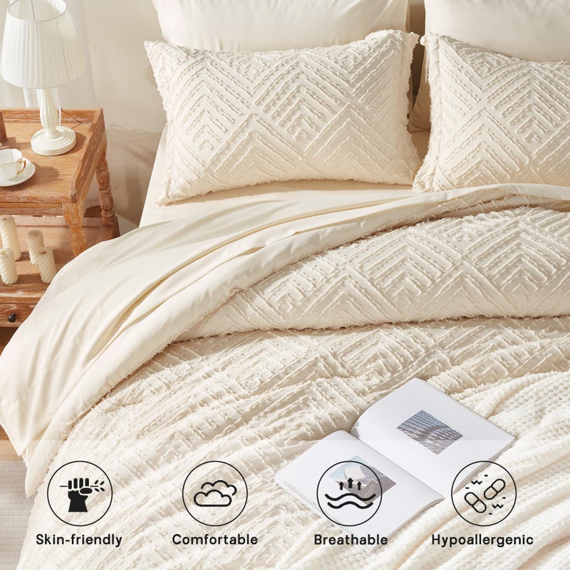 Zzlpp Queen Comforter Set 7 Pieces, Cream Tufted Bed in a Bag with Comforter and Sheets, All Season Boho Bedding Sets with 1 Comforter, 2 Pillow Shams, 2 Pillowcases, 1 Flat Sheet, 1 Fitted Sheet - Image 3