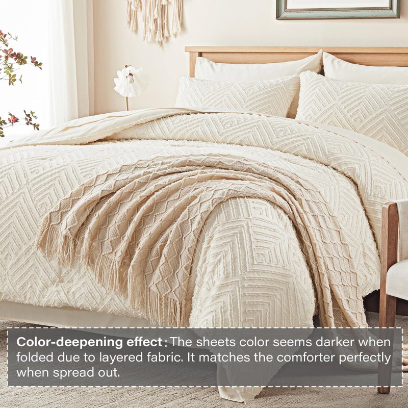Zzlpp Queen Comforter Set 7 Pieces, Cream Tufted Bed in a Bag with Comforter and Sheets, All Season Boho Bedding Sets with 1 Comforter, 2 Pillow Shams, 2 Pillowcases, 1 Flat Sheet, 1 Fitted Sheet - Image 2