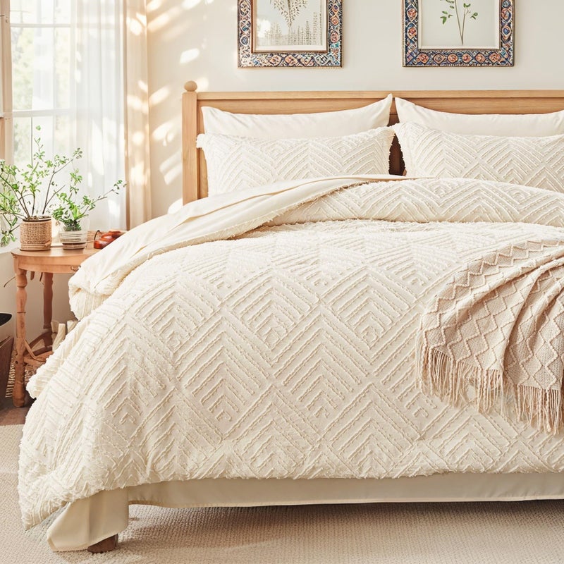 Zzlpp Queen Comforter Set 7 Pieces, Cream Tufted Bed in a Bag with Comforter and Sheets, All Season Boho Bedding Sets with 1 Comforter, 2 Pillow Shams, 2 Pillowcases, 1 Flat Sheet, 1 Fitted Sheet - Image 1