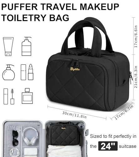 Bagstellar Travel Toiletry Bag Large Wideopen Puffy Toiletry Bag for Women Lightweight Quilted Makeup Bag Cosmetic Organizer with Handle Waterresistant Travel Essentials for Toiletries Accessories Black - Image 3