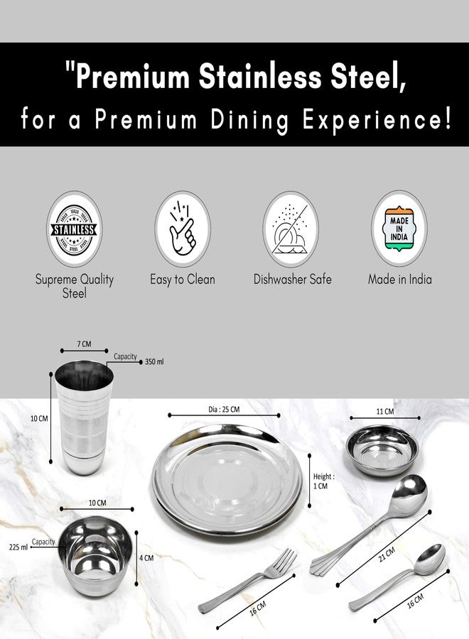 KITCHEN CLUE Stainless Steel Dinner Set for Kitchen - 44 Pieces Dinnerware Set, Includes Plates, Sabzi Bowls, Daal Bowls, Dessert Plates, Glasses - BIS Approved, Durable Steel Kitchen Set for Home - Image 2