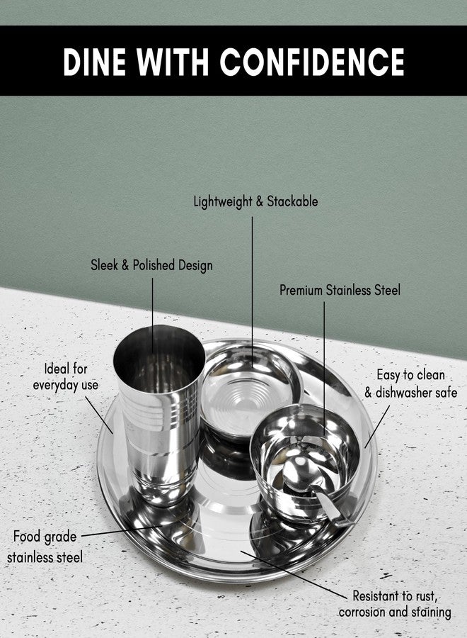 KITCHEN CLUE Stainless Steel Dinner Set for Kitchen - 44 Pieces Dinnerware Set, Includes Plates, Sabzi Bowls, Daal Bowls, Dessert Plates, Glasses - BIS Approved, Durable Steel Kitchen Set for Home - Image 4