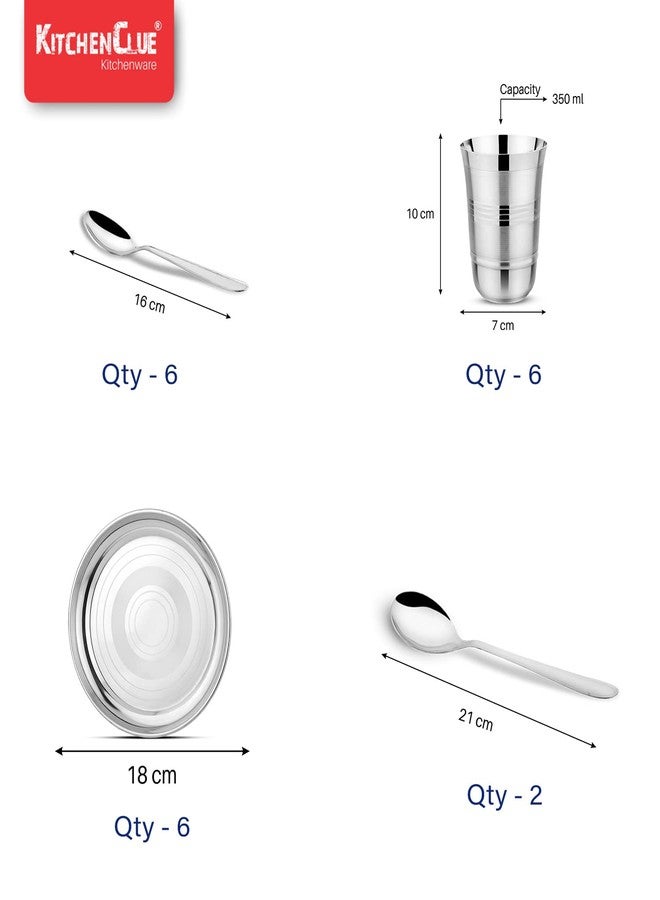 KITCHEN CLUE Stainless Steel Dinner Set for Kitchen - 44 Pieces Dinnerware Set, Includes Plates, Sabzi Bowls, Daal Bowls, Dessert Plates, Glasses - BIS Approved, Durable Steel Kitchen Set for Home - Image 5