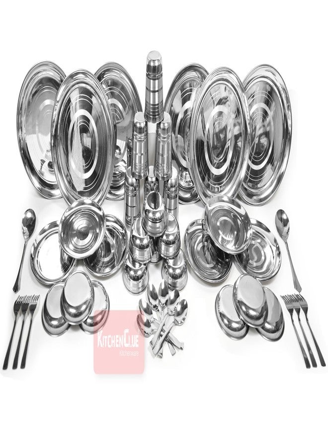 KITCHEN CLUE Stainless Steel Dinner Set for Kitchen - 44 Pieces Dinnerware Set, Includes Plates, Sabzi Bowls, Daal Bowls, Dessert Plates, Glasses - BIS Approved, Durable Steel Kitchen Set for Home - Image 1