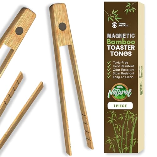 THREE WAY CUT Toaster Tongs With Magnet | Kitchen Utensils For Cooking and Holding Toast Bacon Muffin Bagel Bread | 8 Inch Long Natural Non Toxic Bamboo - Image 1
