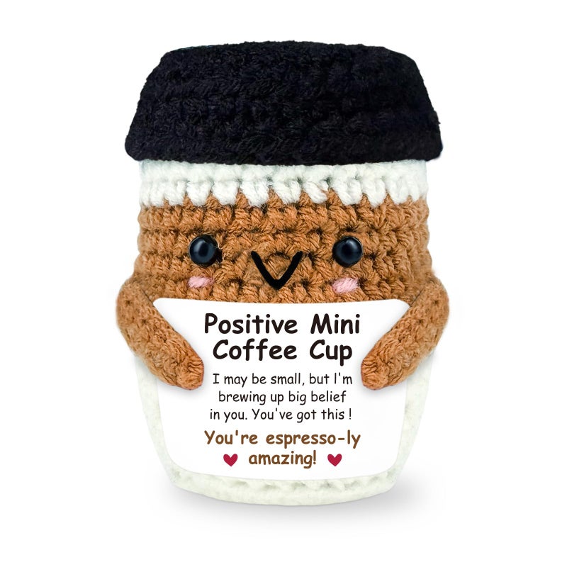 PZJIEAN Positive Crochet Coffee Gifts for Coffee Lovers, Cute Animal Espresso Themed Brithday Presents, Handmade Gift for Women Men Friends, Home Office Desk Decor Emotional Encouragement Cheer Up Gift - Image 1