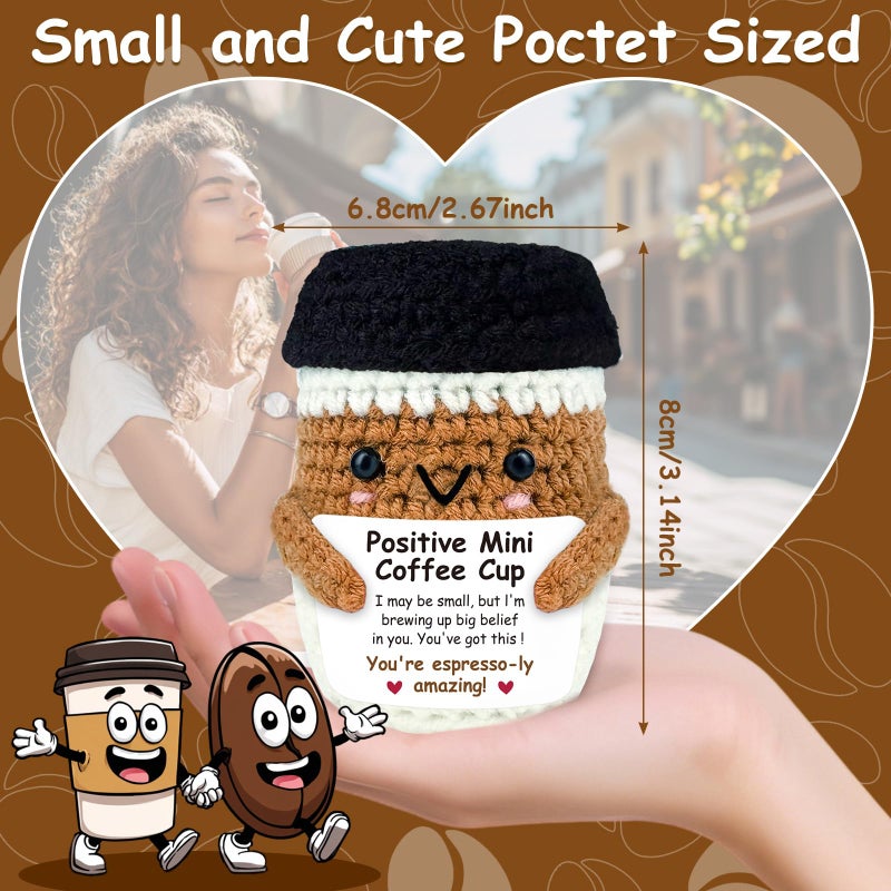 PZJIEAN Positive Crochet Coffee Gifts for Coffee Lovers, Cute Animal Espresso Themed Brithday Presents, Handmade Gift for Women Men Friends, Home Office Desk Decor Emotional Encouragement Cheer Up Gift - Image 2