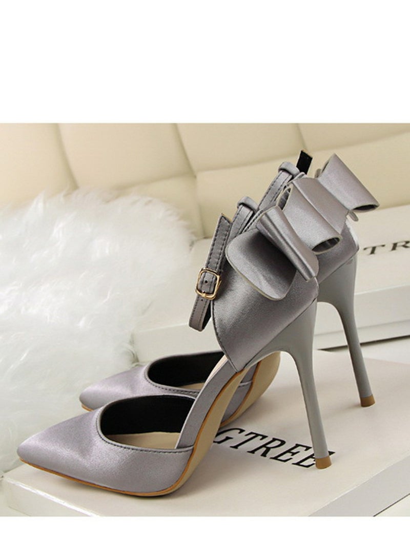 BIGTREE Women's Closed Pointed Toe 10 CM High Heels with Bow Knot Ankle Strap Satin Stiletto Pumps Grey - Image 2