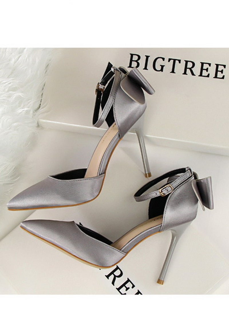 BIGTREE Women's Closed Pointed Toe 10 CM High Heels with Bow Knot Ankle Strap Satin Stiletto Pumps Grey - Image 3