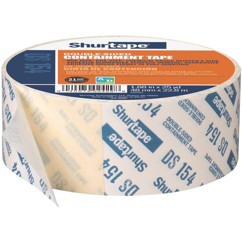 Shurtape DS 154 Double-Sided Containment Tape, Painter's Tape and Sticks to Plastic Sheets, For Painting and Remodeling, 48mm x 23 Meters, Natural, 1 Roll (104333) - Image 4