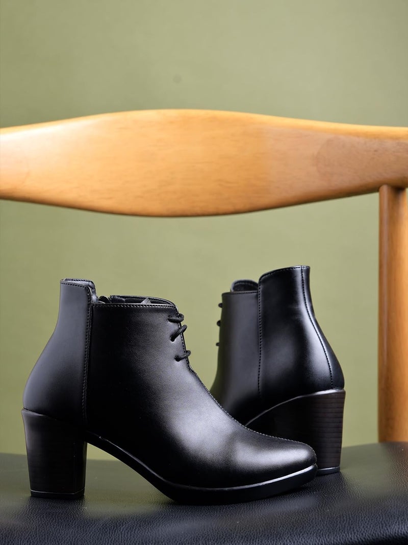 Shoetopia بوتات شوتوبيا النسائية الجلدية السوداء بكعب كتلة وإغلاق رباط - أحذية أنيقة بكعب متوسط للمكتب والملابس اليومية - Image 4