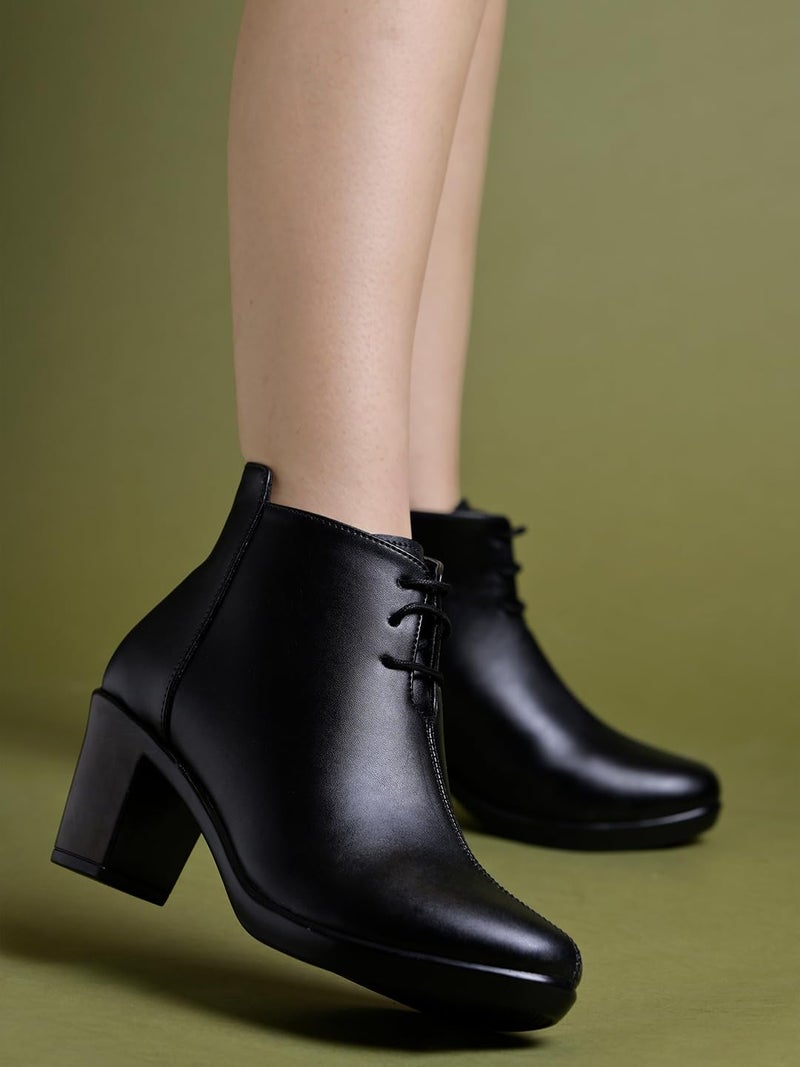 Shoetopia بوتات شوتوبيا النسائية الجلدية السوداء بكعب كتلة وإغلاق رباط - أحذية أنيقة بكعب متوسط للمكتب والملابس اليومية - Image 5