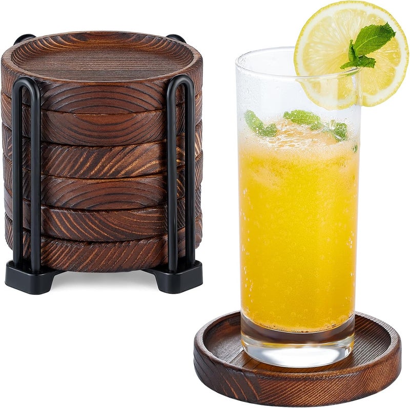 Yangbaga 5Pcs Natural Wood Round Drink Coasters Set with Holder - Paulownia Wood Material, Perfect for Coffee Table or Desk, Rustic Outdoor Use - Image 1