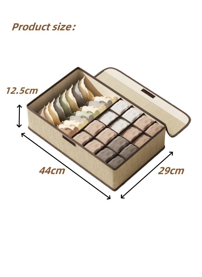 Aikenn Underwear Storage Box Foldable Wardrobe Organizer Dividers Drawer Organizer Honeycomb Organizer Cotton And Linen Material With Lid Dust-Proof Magic Velcro Can Store Underwear Socks Clothe Beige 17 Grid  - Image 2