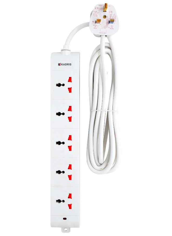 KADRIS - Power Strips NK-500 Extension Cord with 5 way Outlets with  switch, Charging Socket with 4 meter Heat resistant  Extension Cord (White) ESMA approved - Image 1