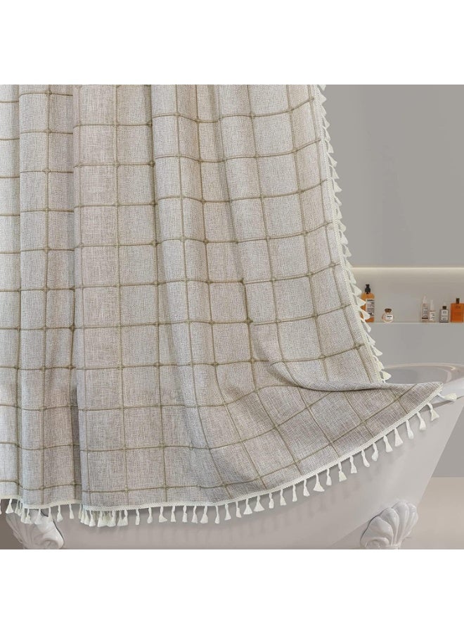 ستارة حمام مزرعة على الطراز البوهيمي ، ستارة حمام مقاومة للماء من القطن 180x180cm سميكة ، قماش بني البني غير المتجاعيد على الطراز الريفي ، مزخرفة جمالية رائعة هندسية مع روابط - Image 1