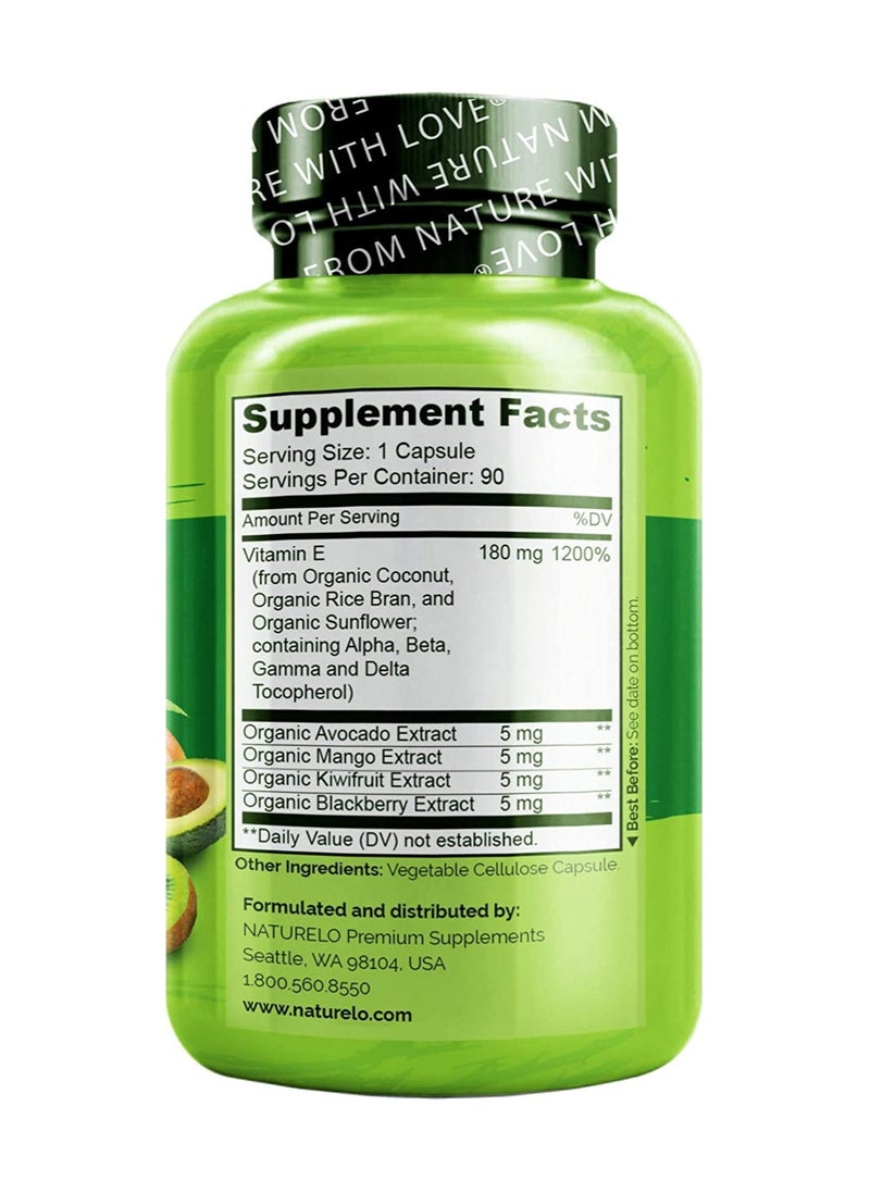 NATURELO - Vitamin E Made With Whole Foods  180 mg Per Capsule - Formulated to Support Heart, Immune & Antioxidant Health - Dietary Supplement 90 Vegetarian Capsules - Image 1