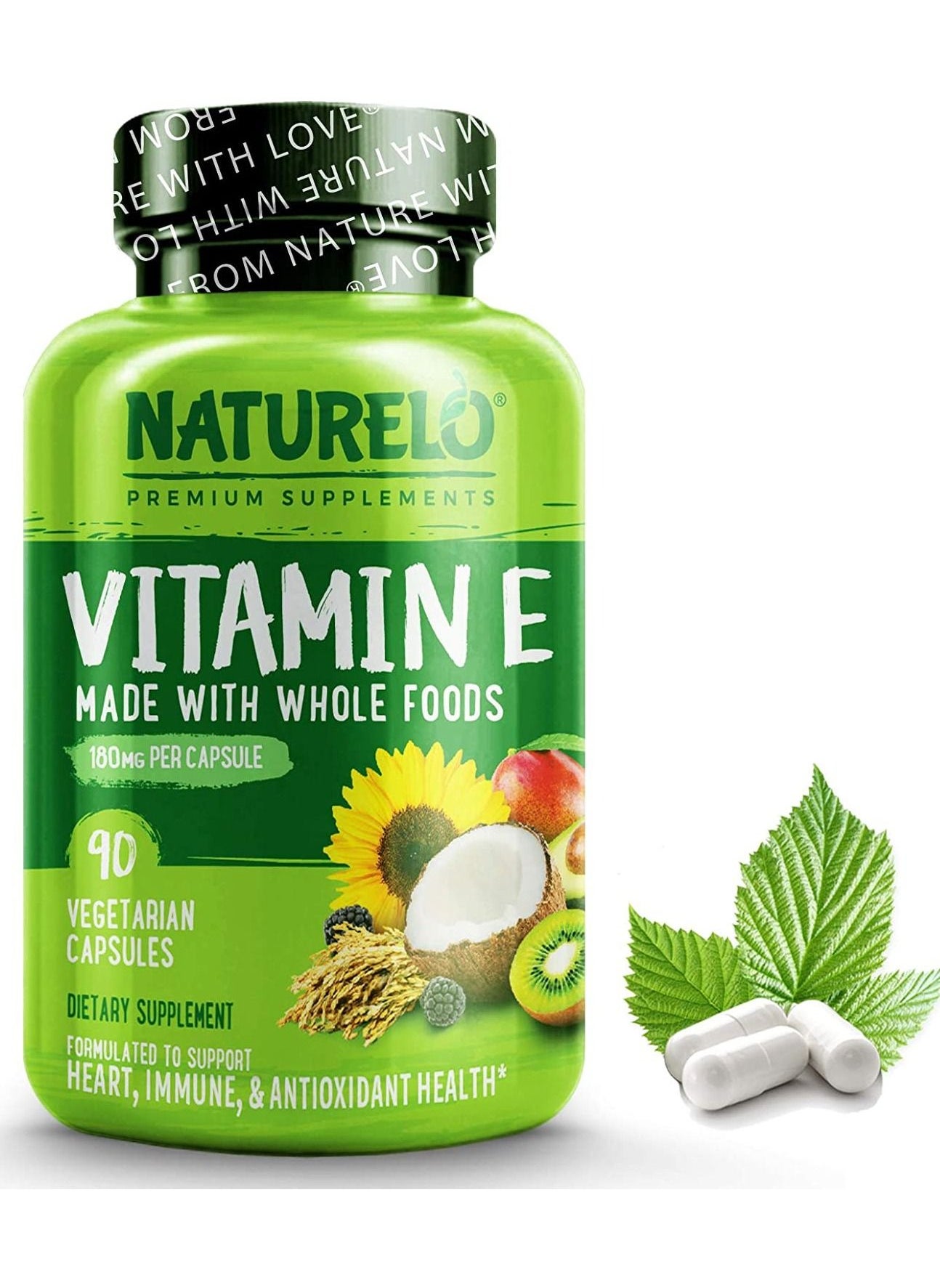 NATURELO Vitamin E Made With Whole Foods  180 mg Per Capsule - Formulated to Support Heart, Immune & Antioxidant Health - Dietary Supplement 90 Vegetarian Capsules 