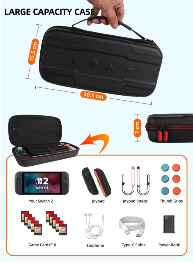 CoolRabbie Switch 2 Case 13 In 1 Bundle, Accessories Kit For Nintendo Switch 2: Travel Storage Carrying Case With Switch 2 Crystal Cover Kit, 6 Thumb Grips, 2 HD Tempered Glass Screen Protectors With Alignment Frame, 2 Cleaning Tools - Image 2