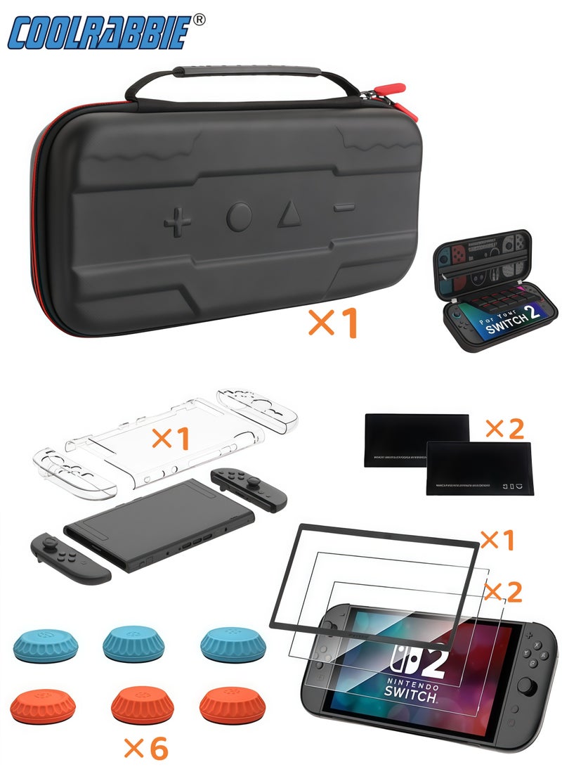 CoolRabbie Switch 2 Case 13 In 1 Bundle, Accessories Kit For Nintendo Switch 2: Travel Storage Carrying Case With Switch 2 Crystal Cover Kit, 6 Thumb Grips, 2 HD Tempered Glass Screen Protectors With Alignment Frame, 2 Cleaning Tools - Image 1