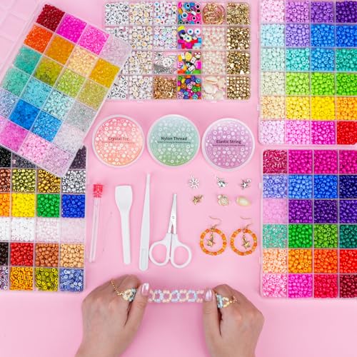 Sistenia 4mm Glass Seed Beads Friendship Bracelet Kit, 15500pcs 96 Colors 6/0 Small Beads for Bracelet Making Kit Waist Bead with String Cords Charms Letter Beads for DIY Jewelry Making Girls Crafts - Image 5