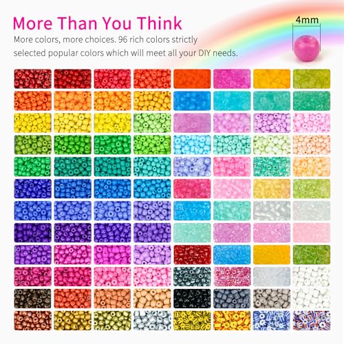 Sistenia 4mm Glass Seed Beads Friendship Bracelet Kit, 15500pcs 96 Colors 6/0 Small Beads for Bracelet Making Kit Waist Bead with String Cords Charms Letter Beads for DIY Jewelry Making Girls Crafts - Image 4