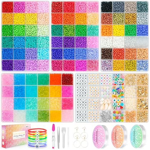 Sistenia 4mm Glass Seed Beads Friendship Bracelet Kit, 15500pcs 96 Colors 6/0 Small Beads for Bracelet Making Kit Waist Bead with String Cords Charms Letter Beads for DIY Jewelry Making Girls Crafts - Image 1