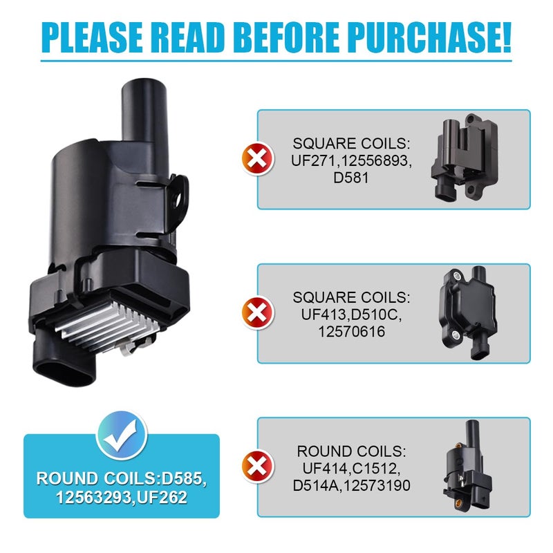 MAS Set of 8 Round Ignition Coils Pack UF262 & 748UU 8.5mm Spark Plug Wire Set Compatible with Chevy Hummer H2 Cadillac GMC Yukon Silverado Sierra 1500 4.8L 5.3L 6.0L Replacement for C1512 D585 - Image 2