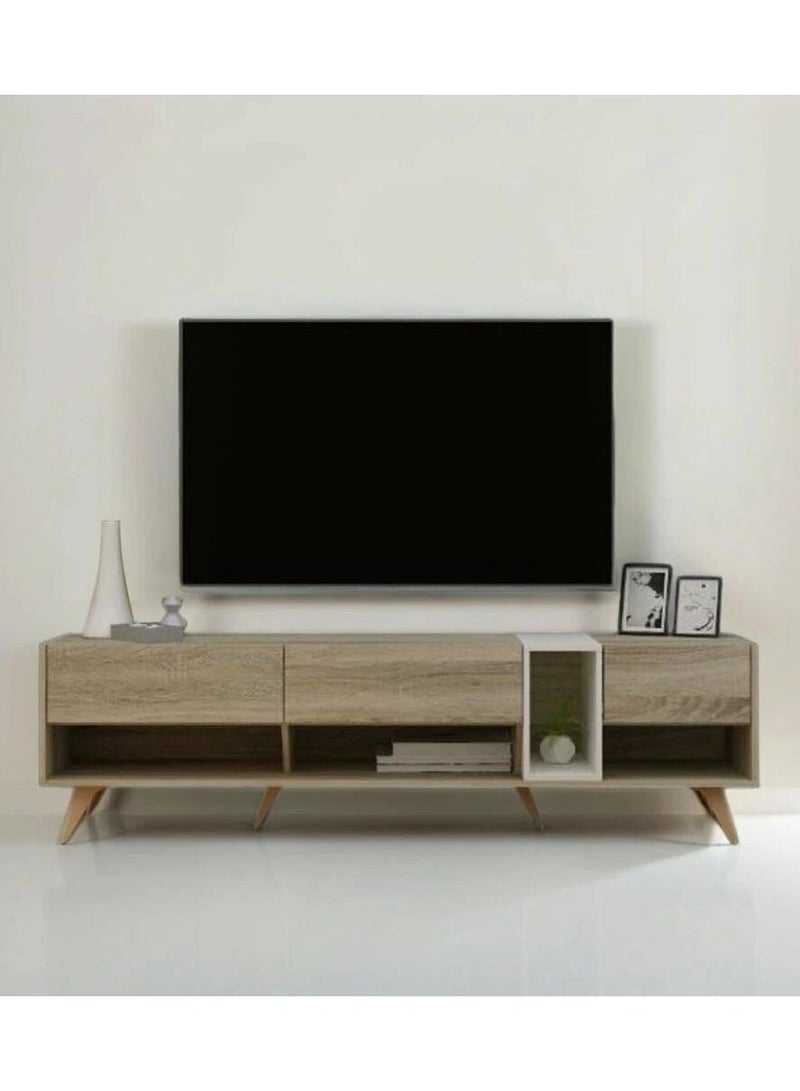Baity Fixed wooden TV table with 3 storage drawers and shelves, made in Malaysia, 179 cm - Image 1