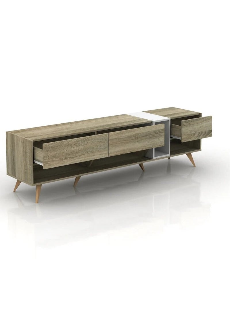Baity Fixed wooden TV table with 3 storage drawers and shelves, made in Malaysia, 179 cm - Image 2