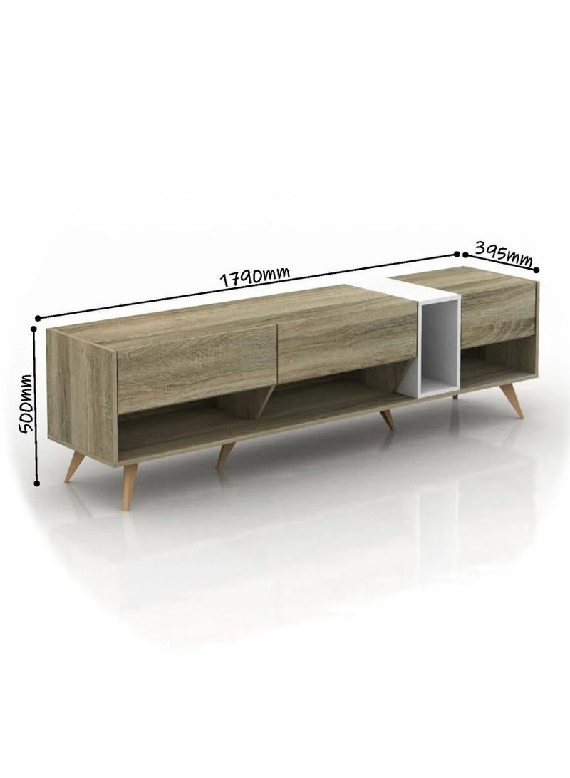 Baity Fixed wooden TV table with 3 storage drawers and shelves, made in Malaysia, 179 cm - Image 3