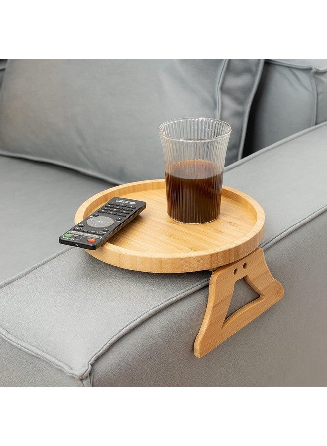 BeFunky Side Tables Natural Bamboo Sofa Armrest Clip-On Tray, Ideal for Remote/Drinks/Phone (Round Shape) - Image 1