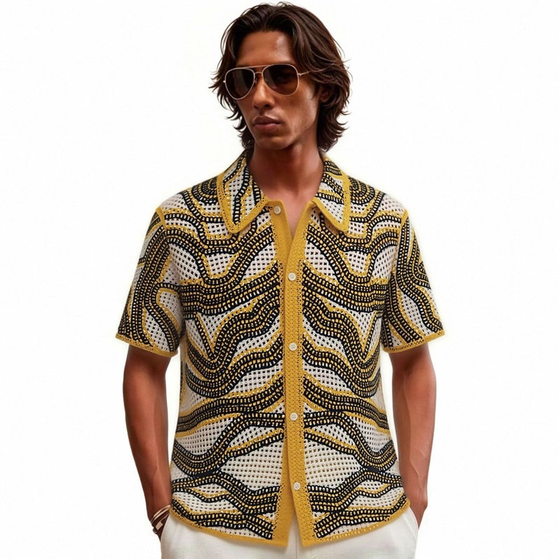 Men's Summer Cut-Out Wave Knit Polo Shirt - Image 1