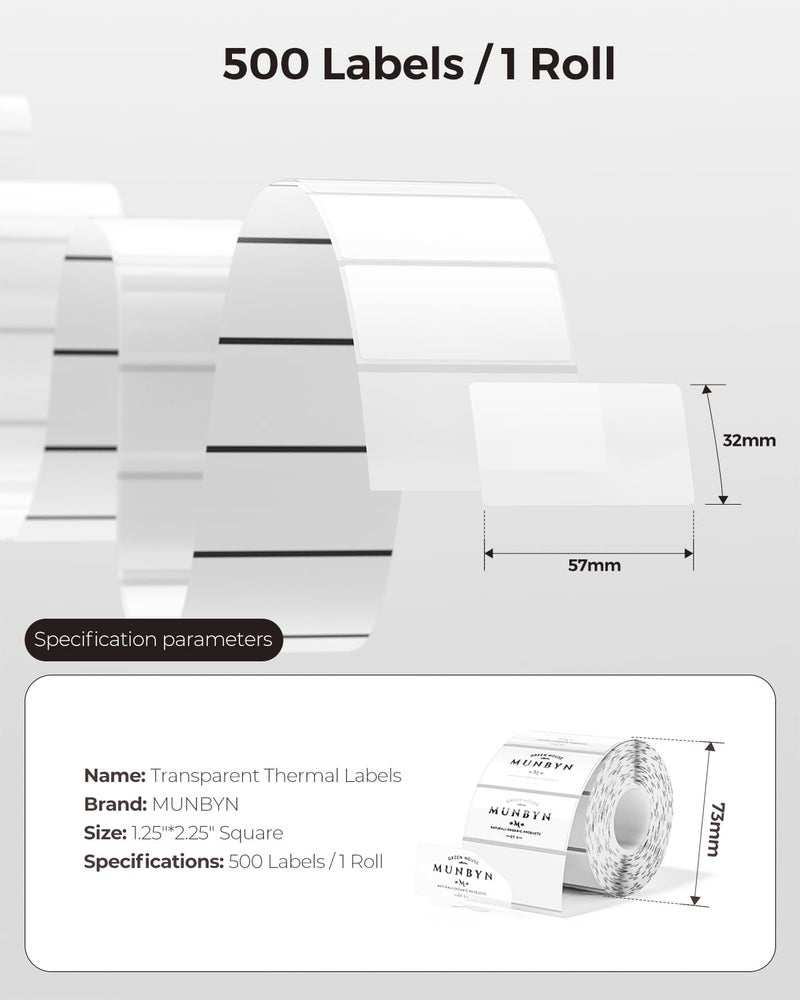 MUNBYN Clear Thermal Labels, 2.25 x 1.25 Inches, Printable Transparent Stickers for Small Businesses, DIY Logo Design, Multipurpose Waterproof Label Roll, 500 Labels/Roll - Image 2