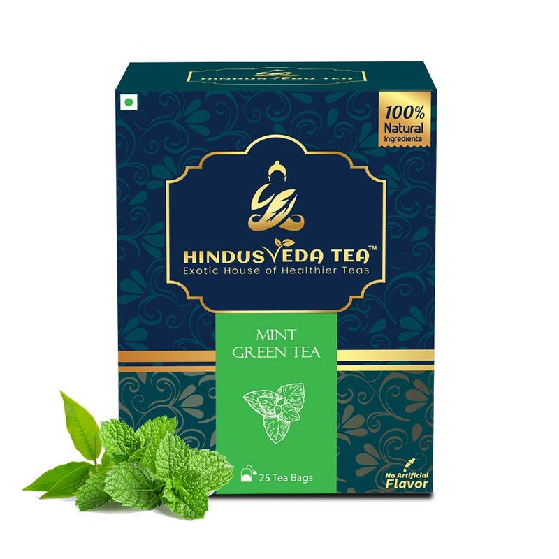 HINDUSVEDA TEA- Mint Green Tea -25 Tea Bags - 100% Refreshing Natural Mint With Exotic Green tea for wellness & calmness - Better infusion 25 tea bags (50 gram) (PACK OF 3 BOX / 75 TEA BAG) - Image 1