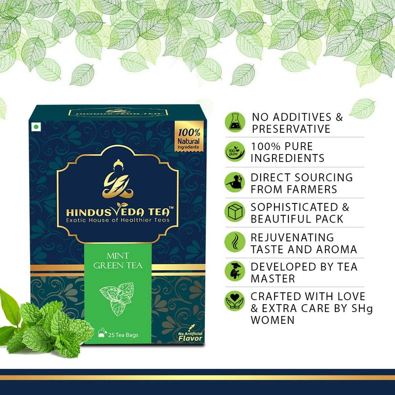 HINDUSVEDA TEA- Mint Green Tea -25 Tea Bags - 100% Refreshing Natural Mint With Exotic Green tea for wellness & calmness - Better infusion 25 tea bags (50 gram) (PACK OF 3 BOX / 75 TEA BAG) - Image 5