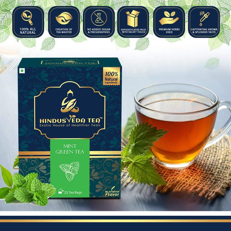 HINDUSVEDA TEA- Mint Green Tea -25 Tea Bags - 100% Refreshing Natural Mint With Exotic Green tea for wellness & calmness - Better infusion 25 tea bags (50 gram) (PACK OF 3 BOX / 75 TEA BAG) - Image 4