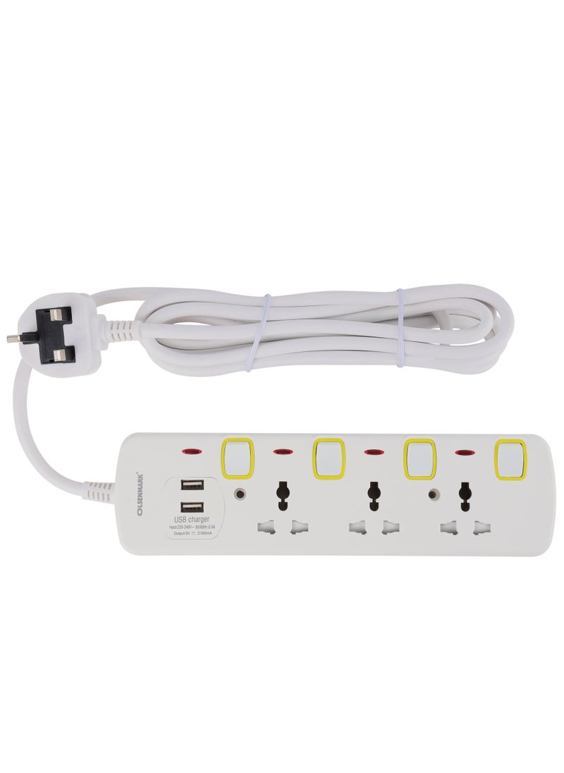 Olsenmark - Olsenmark 3 Way Universal Power Extension Socket With 2 USB 2.1A, 3M Cable 13A - Image 1