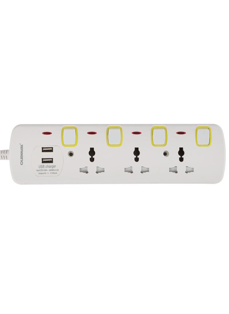 Olsenmark - Olsenmark 3 Way Universal Power Extension Socket With 2 USB 2.1A, 3M Cable 13A - Image 1