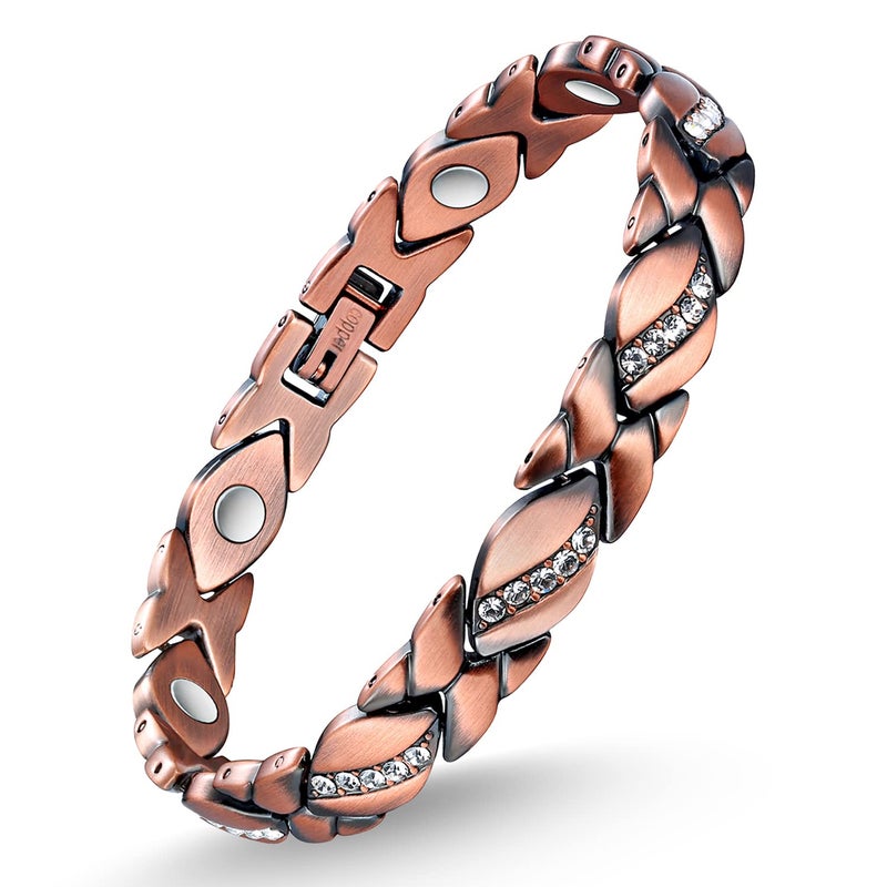 Feraco Copper Bracelet for Women 99.99% Solid Copper Magnetic Bracelets, Unique X Shape Links, Magnetic Field Therapy Jewelry Gifts (X with Crystals) - Image 1
