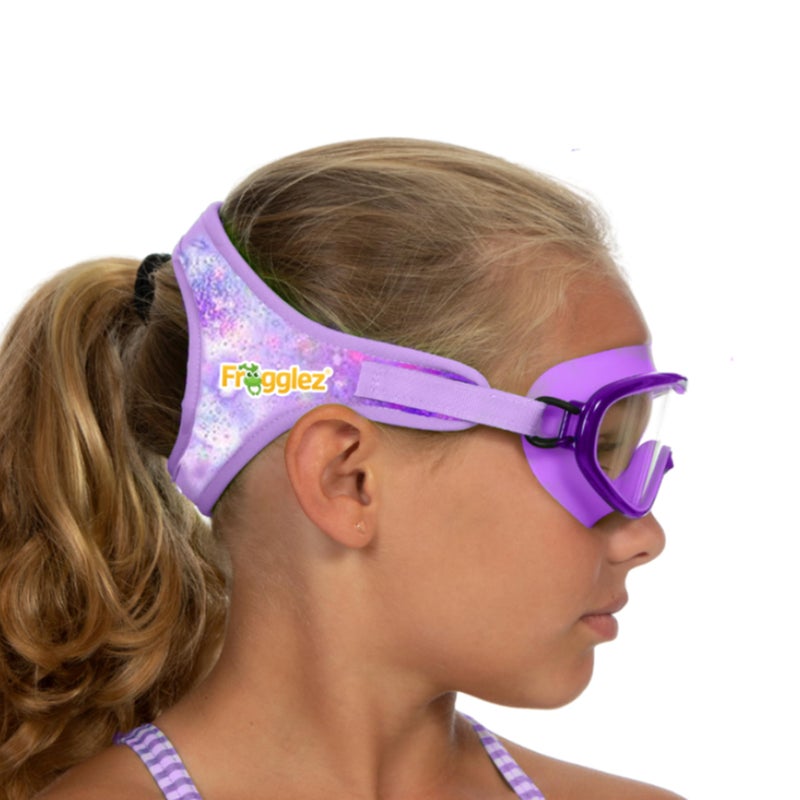 Frogglez Youth Wide View Anti-Fog Crystal Clear Swim Goggle Mask for Kids under 10 (Ages 4-10) Recommended by Parents; Premium Pain-Free Strap, Purple - Image 1