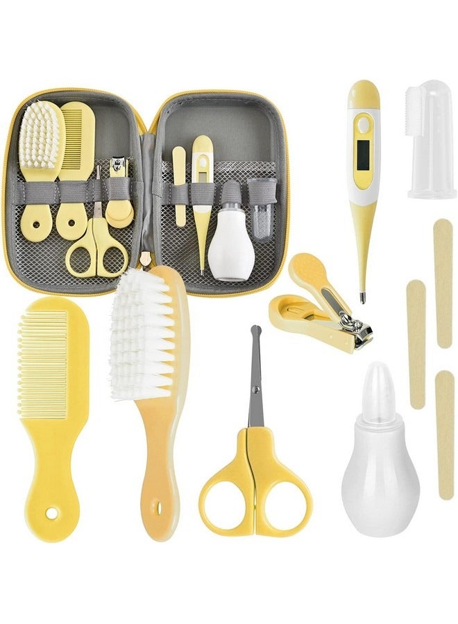 بيوينتي مجموعة العناية بالطفل مكونة من 8 قطع مع مقياس حرارة، شفاط أنفي، فرشاة أسنان، مبرد أظافر، مقص، فرشاة ومشط، أداة استحمام أساسية محمولة للعناية اليومية بالطفل الصغير، أصفر - Image 1
