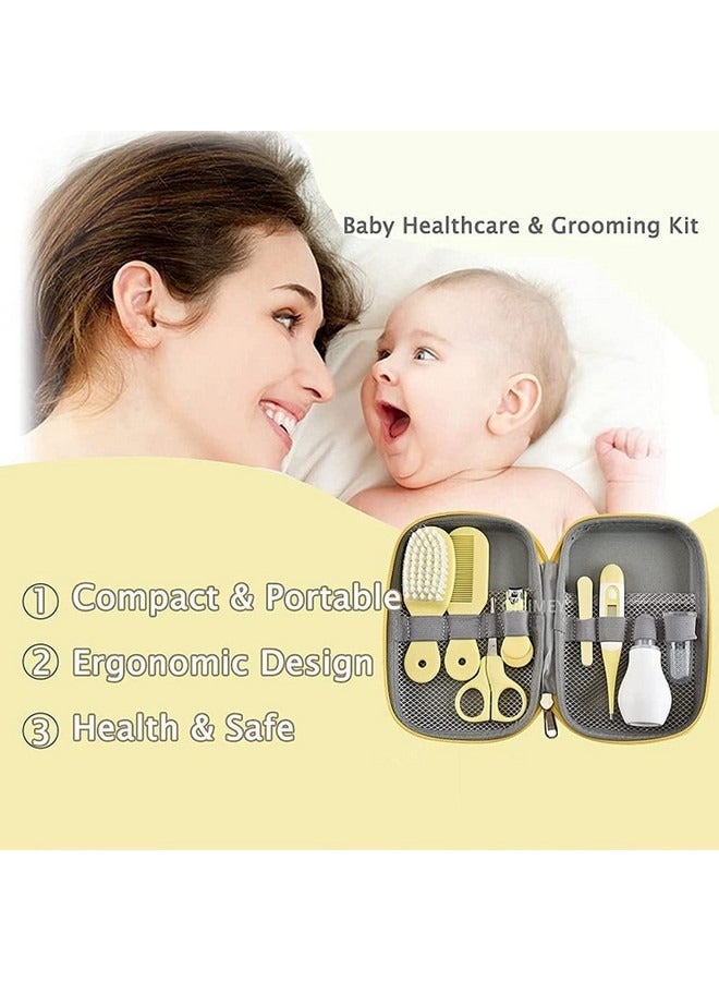 بيوينتي مجموعة العناية بالطفل مكونة من 8 قطع مع مقياس حرارة، شفاط أنفي، فرشاة أسنان، مبرد أظافر، مقص، فرشاة ومشط، أداة استحمام أساسية محمولة للعناية اليومية بالطفل الصغير، أصفر - Image 4